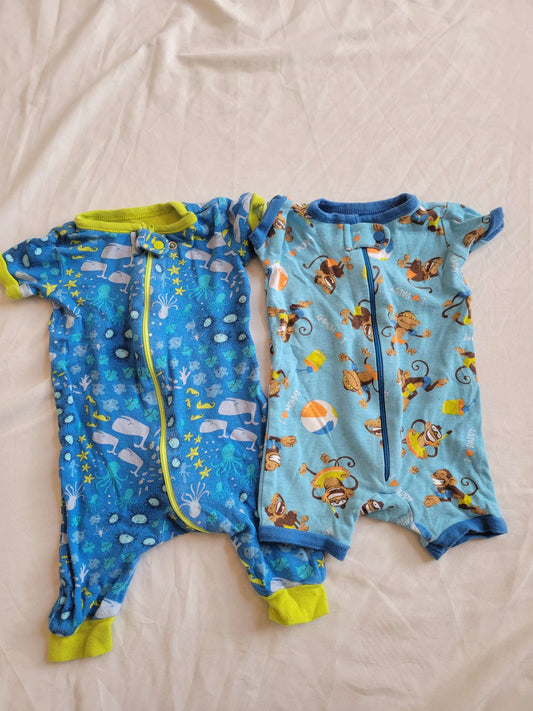 2 Short sleeve Pjs - Monkeys and Whales (0-3 Months), Kids 3 Month (0-3M)