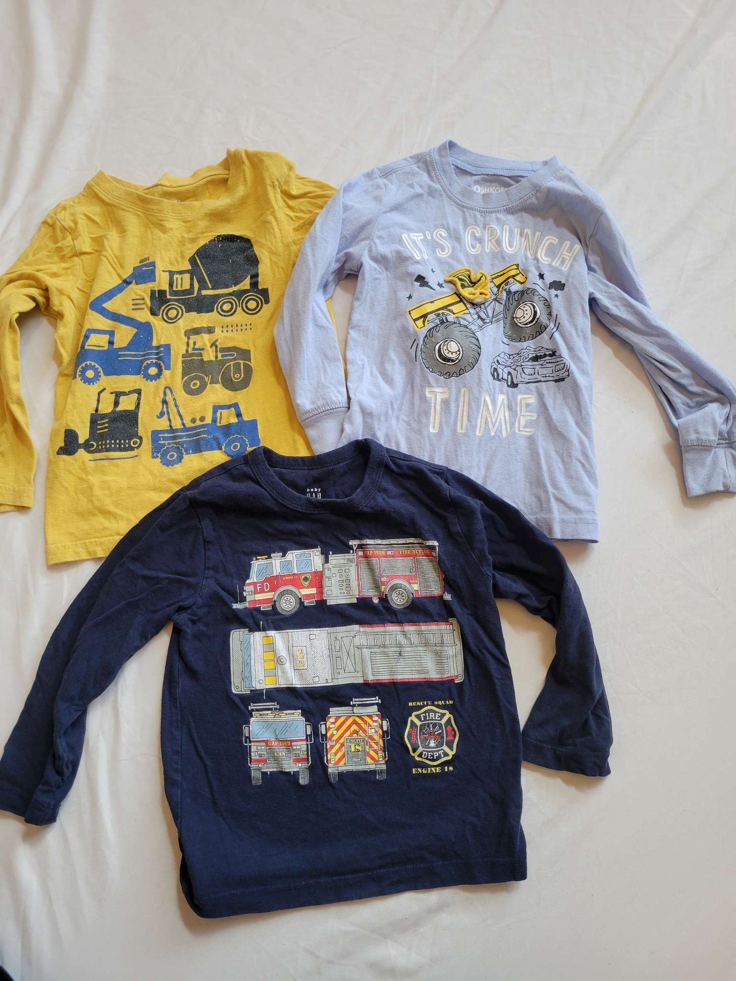 3 Long Sleeve shirts  (3T)- Construction (yellow), Monster Truck (Blue) and Fire Truck (Blue) , Kids 3T
