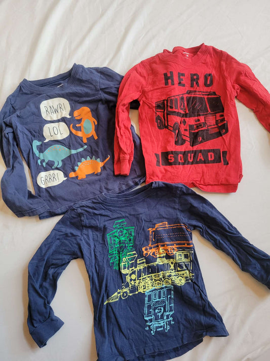 3 Long Sleeves (Blue Train,  Blue Dinos, Red Fire Truck) - 3T , Kids 3T