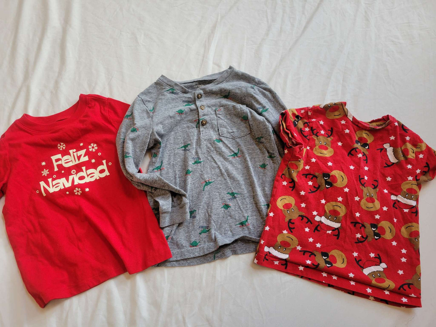 Three Christmas Shirts (4T) - Reindeers, Dinos on Skis & Feliz Navidad, Kids 3T