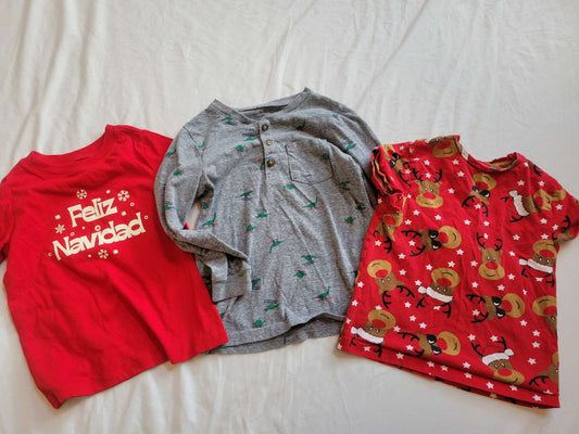 Three Christmas Shirts (4T) - Reindeers, Dinos on Skis & Feliz Navidad, Kids 3T