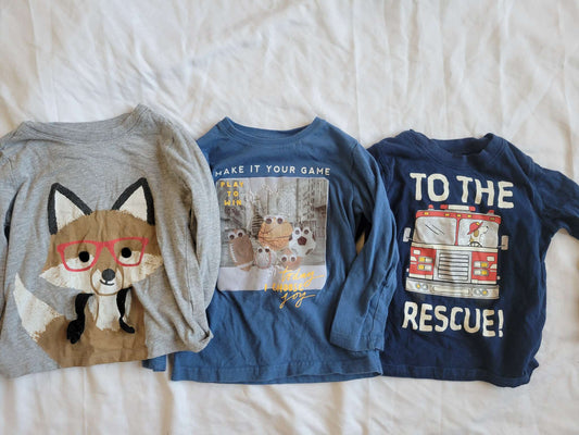 3 Long Sleeve Shirts - Gray Fox/Blue sports balls/Fire Dog 3T, Kids 3T