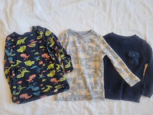3 long sleeves --  Navy blue with pocket, Blue Dinos & gray waffle shirt with bears and moose, Kids 3T