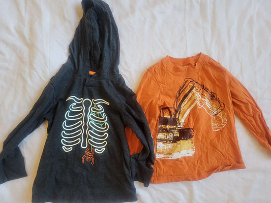 Halloween Skeleton Hoodie &  Orange Excavator Shirt  (3T) , Kids 3T