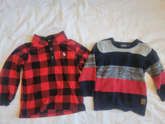 2 Tops - Blue/Red Stripped Sweater & Black/Red Fleecey, Kids 3T