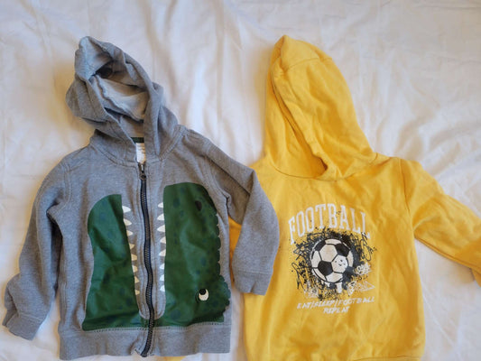 2 Hoodies - Yellow Soccer &  Gray Dino, Kids 3T