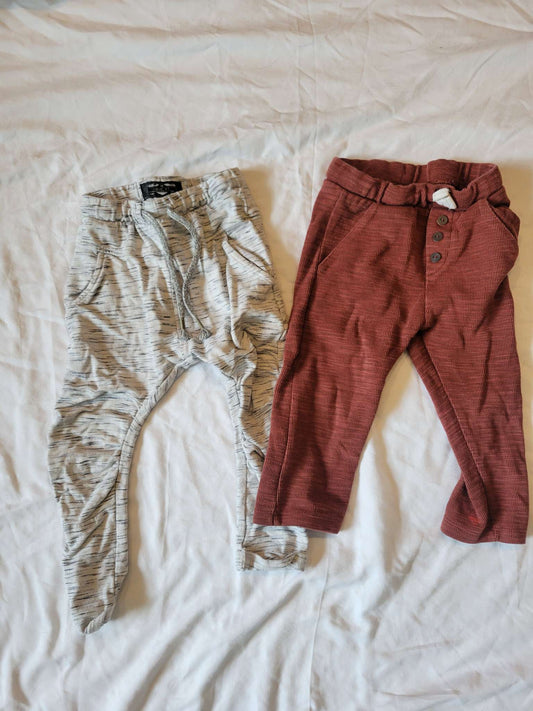 2 Pants  - Brownish-Red Zara 2/3 and White/Gray/Black Striped (2/3) - Excellent Used, Kids 2T