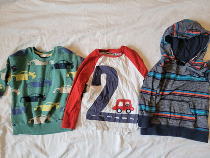 3 Long Sleeves  - Green w/Cars, Red Sleeves #2 and Gray with Stripes (2/3), Kids 2T