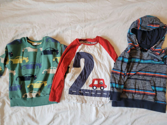3 Long Sleeves  - Green w/Cars, Red Sleeves #2 and Gray with Stripes (2/3), Kids 2T