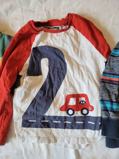 3 Long Sleeves  - Green w/Cars, Red Sleeves #2 and Gray with Stripes (2/3), Kids 2T