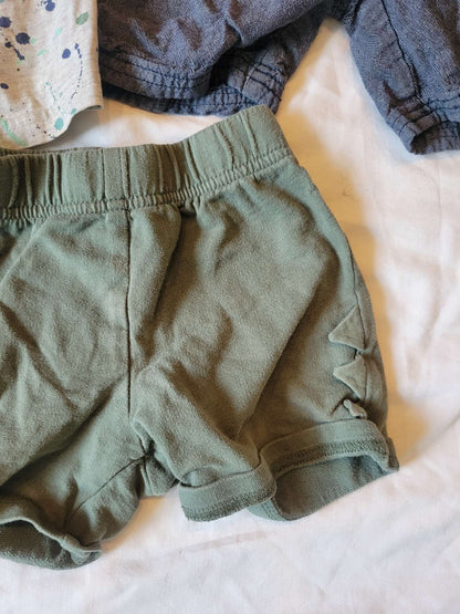3 pairs of Shorts,  Gray with "Paint Splatter", Green ones, Blue Ones - (2T) , Kids 2T