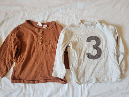 2 Zara Long Sleeves - "#3" Shirt and Rust Colour  - size 2/3 , Kids 2T