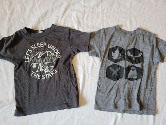 2 Gray Tshirts (Small Shop) - "Let's Sleep Under the Stars" and Canadian Moose/Leaf/Toque  - Size  2T , Kids 2T