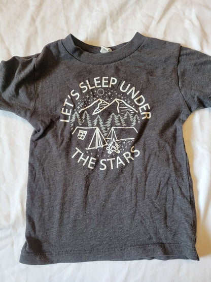 2 Gray Tshirts (Small Shop) - "Let's Sleep Under the Stars" and Canadian Moose/Leaf/Toque  - Size  2T , Kids 2T