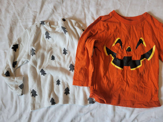 2 Long Sleeve Holidays - White Christmas Trees & Orange Pumpkin Shirt , Kids 24 Month (18-24M)