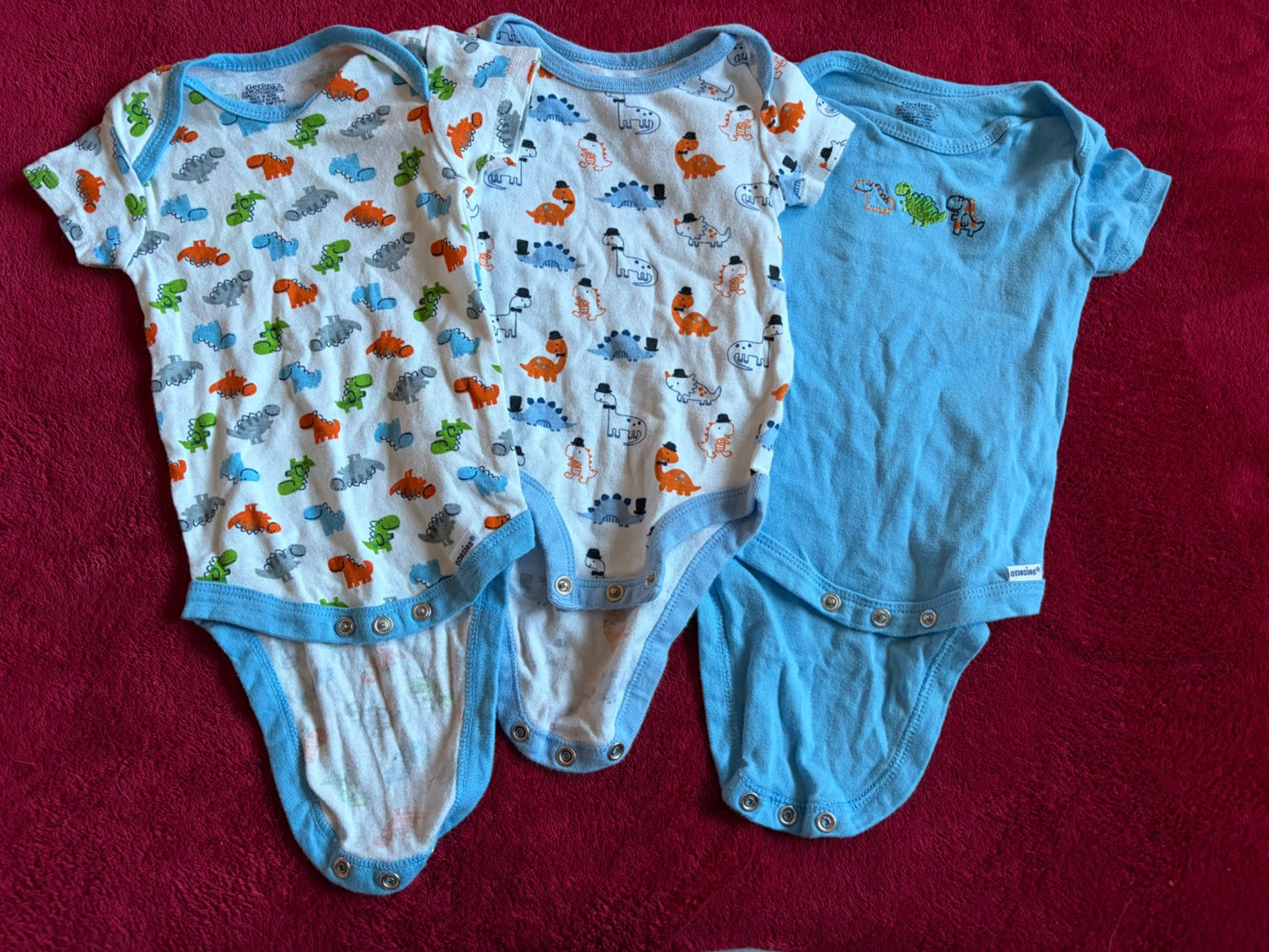 3pc 6m Blue/Orange/Green Dinosaur Onesie Bundle, Kids 6 Month (3-6M)