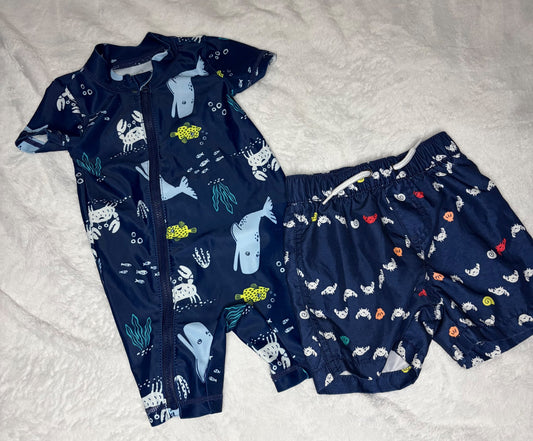 Carters 2pc “Crabby” Swim Set - Trunks and One-Piece, Kids 9 Month (6-9M)