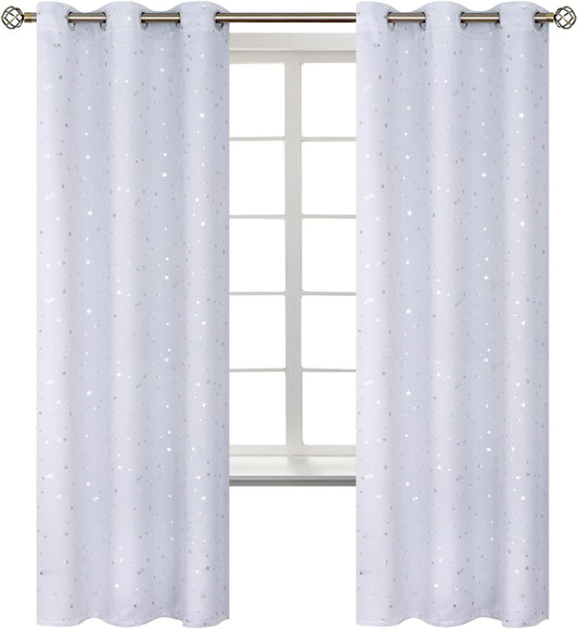 Kids Darkening Curtains for Bedroom - Silver Star Printed Thermal Insulated Room Darkening Grommet Curtains 4 Panels 52 x 95 Inch each