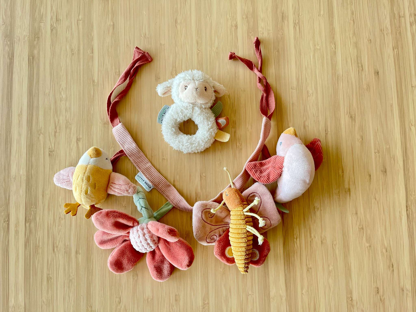 Soft ring rattle sheep Little Farm + Stroller/crib/car seat Butterfly & flowers garland both by Little Dutch (French brand)