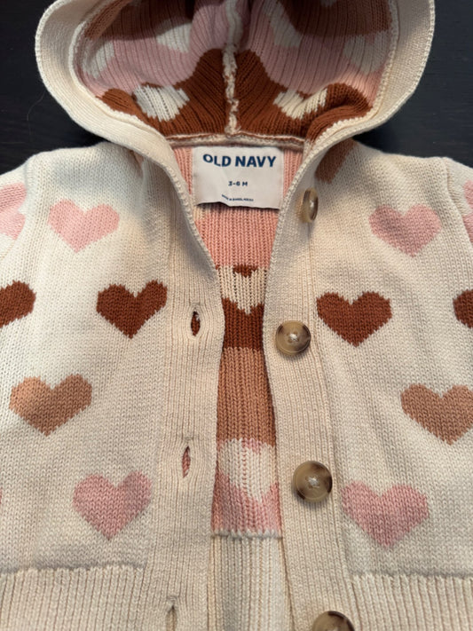 Cream hooded cotton sweater with hearts that buttons up., Kids 6 Month (3-6M)