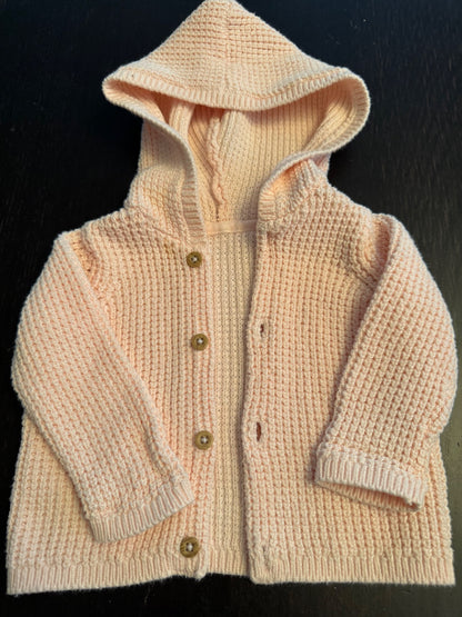 Pale Pink Knit Cardigan with hood. Cotton. 3/6 months. , Kids 6 Month (3-6M)