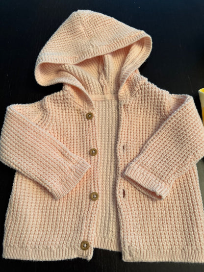 Pale Pink Knit Cardigan with hood. Cotton. 3/6 months. , Kids 6 Month (3-6M)