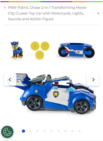 PAW PATROL, Chase 2-in-1 Transforming Movie City Cruiser Toy Car with Motorcycle, Lights, Sounds and Action Figure