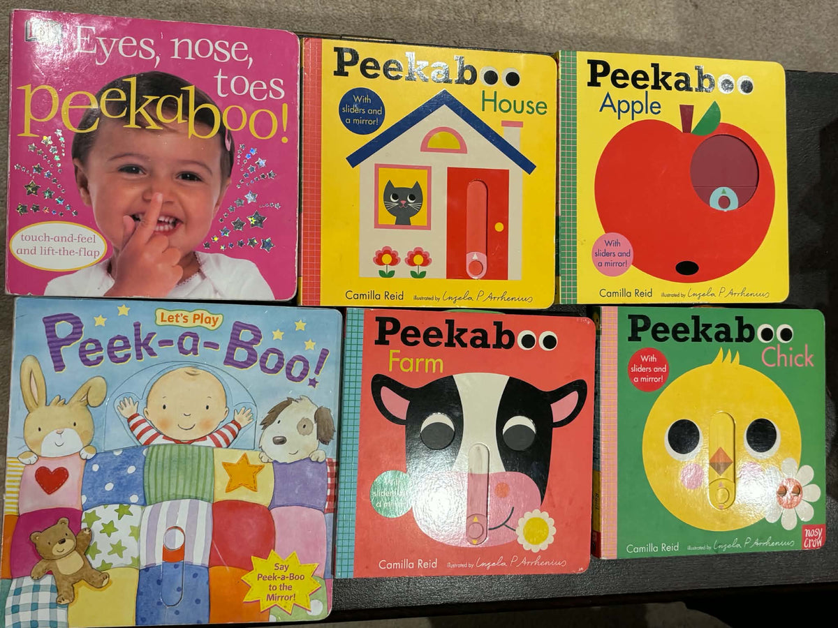 Peekaboo books including house, apple, farm and chick