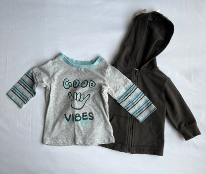 Boys First Impressions Dino Hoodie & “Good Vibes” Top – 3–6 Months, Kids 6 Month (3-6M)
