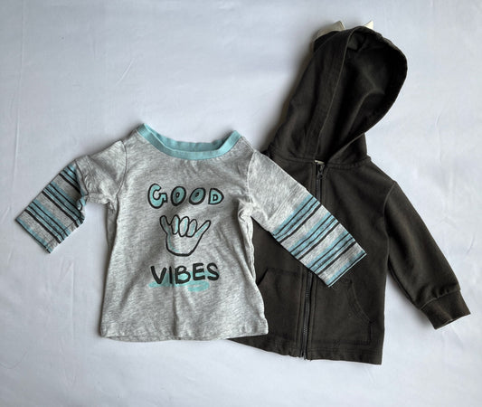 Boys First Impressions Dino Hoodie & “Good Vibes” Top – 3–6 Months, Kids 6 Month (3-6M)