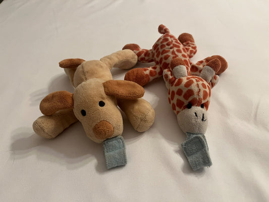Plush Pacifier Holders – Dog & Giraffe Set