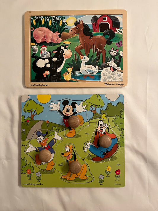 Melissa & Doug Farm Puzzle & Mickey Wooden Knob Puzzle Set