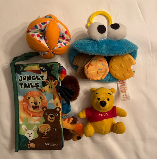 Baby Toy Bundle – Lovevery Ball, Cookie Monster, Jungle Tails, Winnie the Pooh Rattle