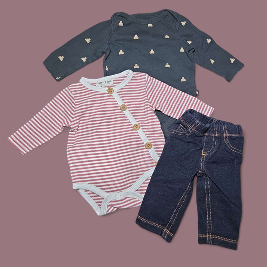 3pc set sz 3-6m GAP, Rabbit & Bear onsies & Carters jean pants, Kids 6 Month (3-6M)