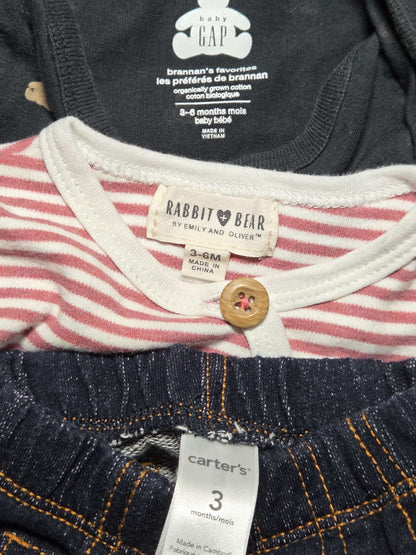 3pc set sz 3-6m GAP, Rabbit & Bear onsies & Carters jean pants, Kids 6 Month (3-6M)