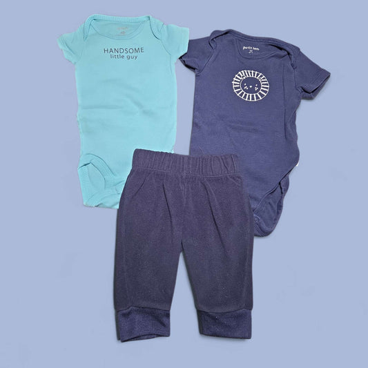 3pc sz 0-3m Carter's & Petit Lem blue bundle, Kids 3 Month (0-3M)