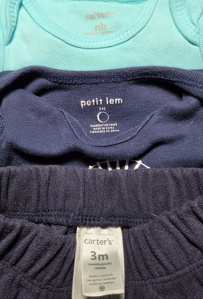 3pc sz 0-3m Carter's & Petit Lem blue bundle, Kids 3 Month (0-3M)