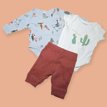 3pc bundle NB-3m cactus & skiing onesie, brown pants, Kids 3 Month (0-3M)