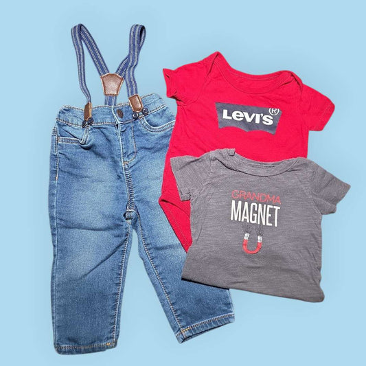 3pc sz 12m set Levis red onesie, OshKosh overalls  & Carter's tshirt , Kids 12 Month (9-12M)
