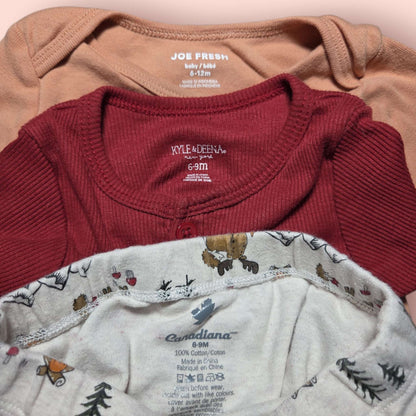 3pc 6-9m set brown & burgundy onesies and winter theme joggers, Kids 9 Month (6-9M)