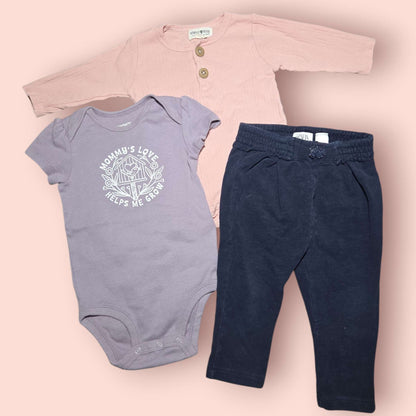 3pc 6-9m bundle pink & purple onesies, Zara blue pants, Kids 9 Month (6-9M)