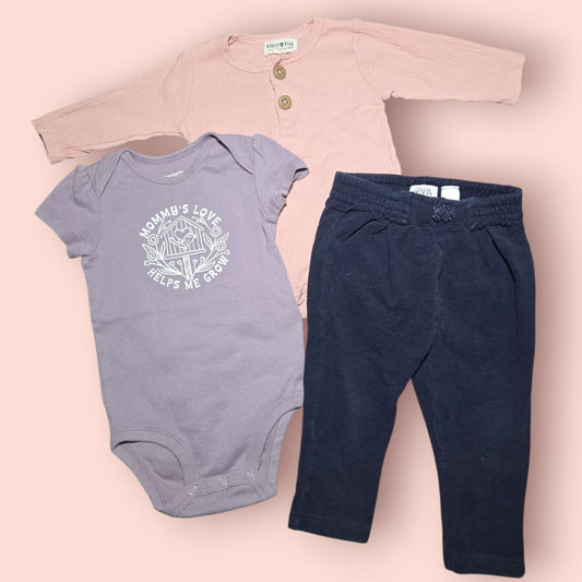 3pc 6-9m bundle pink & purple onesies, Zara blue pants, Kids 9 Month (6-9M)