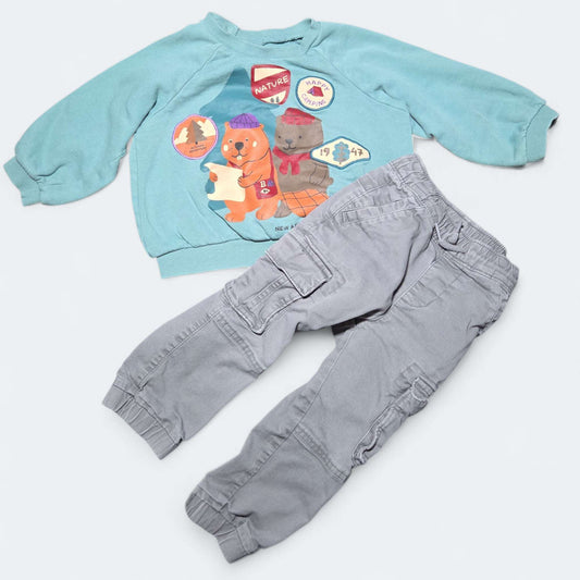 2pc set H&M green top & ON grey pants, Kids 2T