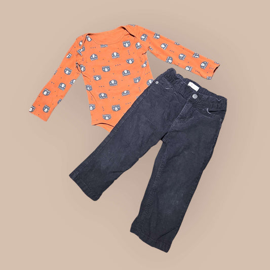 2pc set Pekkle 24m copper bear patterned onesie and Joe 2T grey psnts, Kids 24 Month (18-24M)