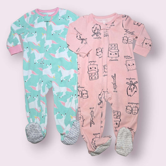 2 fleece sleepers Carter's sz green unicorn & pink s'more patterned