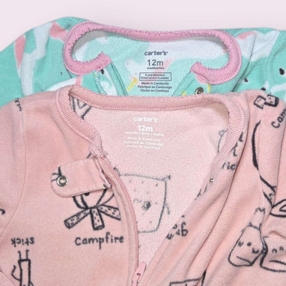 2 fleece sleepers Carter's sz green unicorn & pink s'more patterned