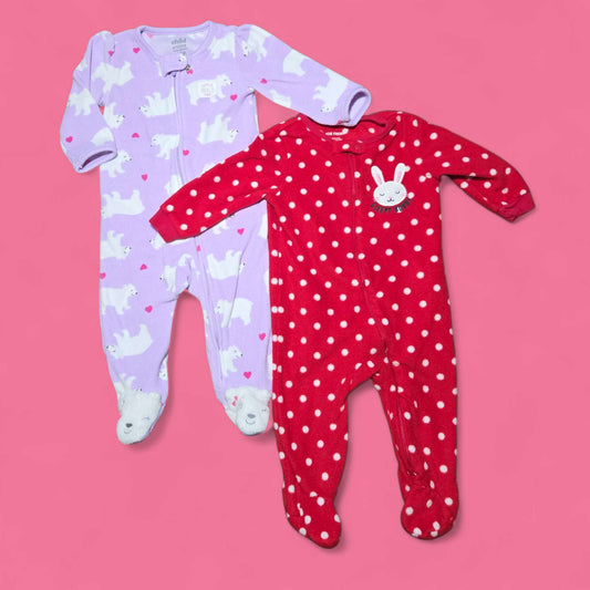 2 fleece sleepers 3-6m  Joe & Carters red polka dot & purple polar bear, Kids 6 Month (3-6M)