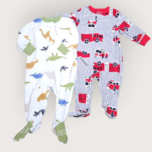 2 Carter's sz 6m fleece sleepers, firetruck & dino patterned , Kids 9 Month (6-9M)