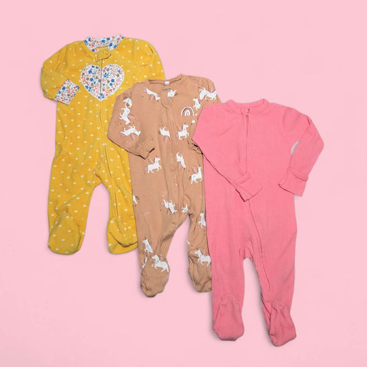 3pc sleepers sz 6m Carter's, Pekkle & Old Navy yellow, pink & brown, Kids 6 Month (3-6M)