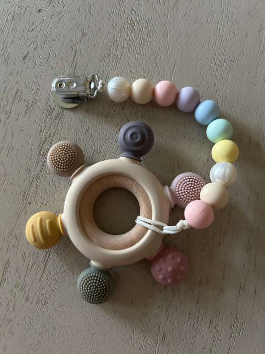 Pacifier clip with pastel silicone beads and wooden/silicone teether toy